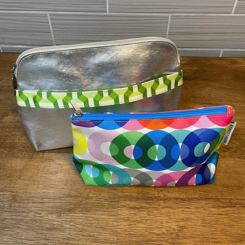 2 Clinique | Cosmetics Pouches | Travel Bags | Silver/Green | Multicolor Circles